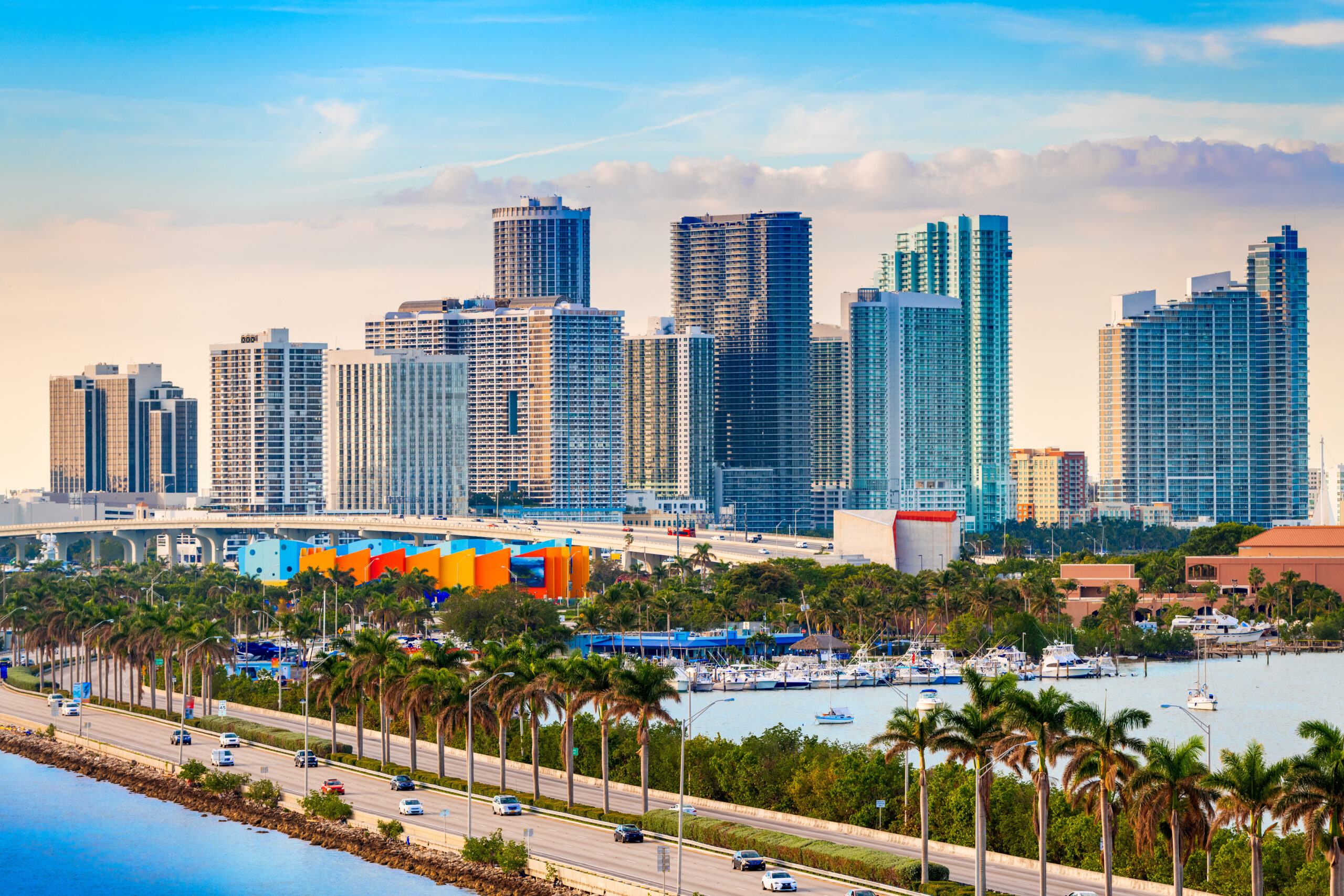 A stunning aerial view of Miami city, showcasing its vibrant colors and urban landscape.