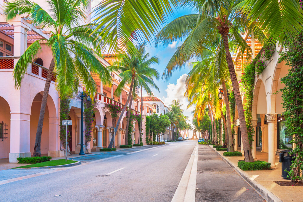 Aerial view of West Palm Beach with palm trees and clock tower