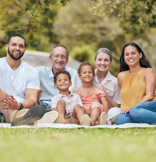 Big family, picnic and outdoor at nature park with children, parents and grandparents together for .